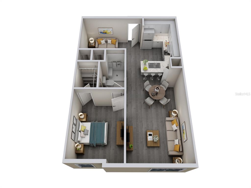 This is a 3D floor plan rendering of a one-bedroom apartment with modern finishes — 4424 S TEXAS AVENUE UNIT 110, ORLANDO, FL