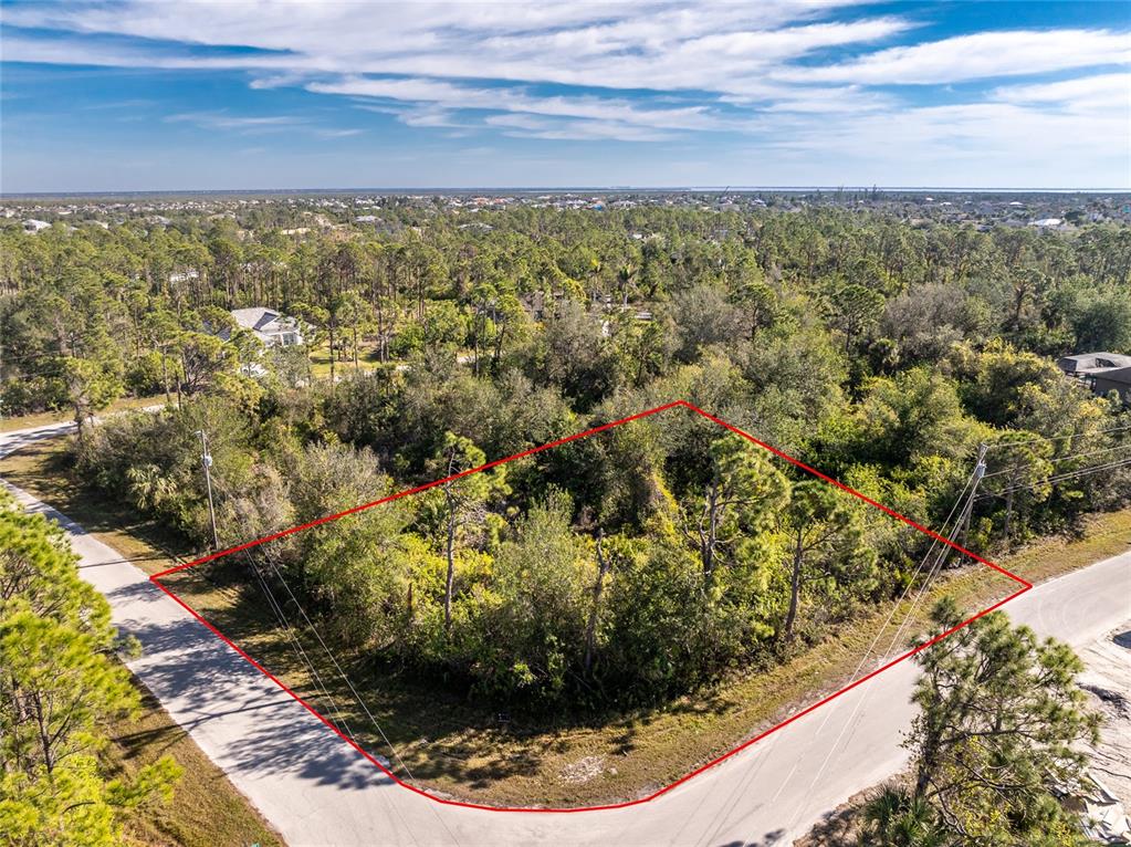 An aerial view shows a vacant, wooded corner lot outlined in red between two roads — 8281 CONSUL STREET, PORT CHARLOTTE, FL