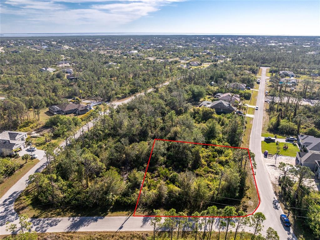 An aerial view shows a vacant, wooded residential lot outlined in red between two roads — 8281 CONSUL STREET, PORT CHARLOTTE, FL