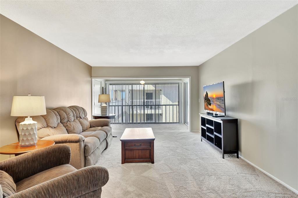 A living room features beige carpet, a tan sofa, a coffee table, and a television — 113 ISLAND WAY UNIT 241, CLEARWATER BEACH, FL