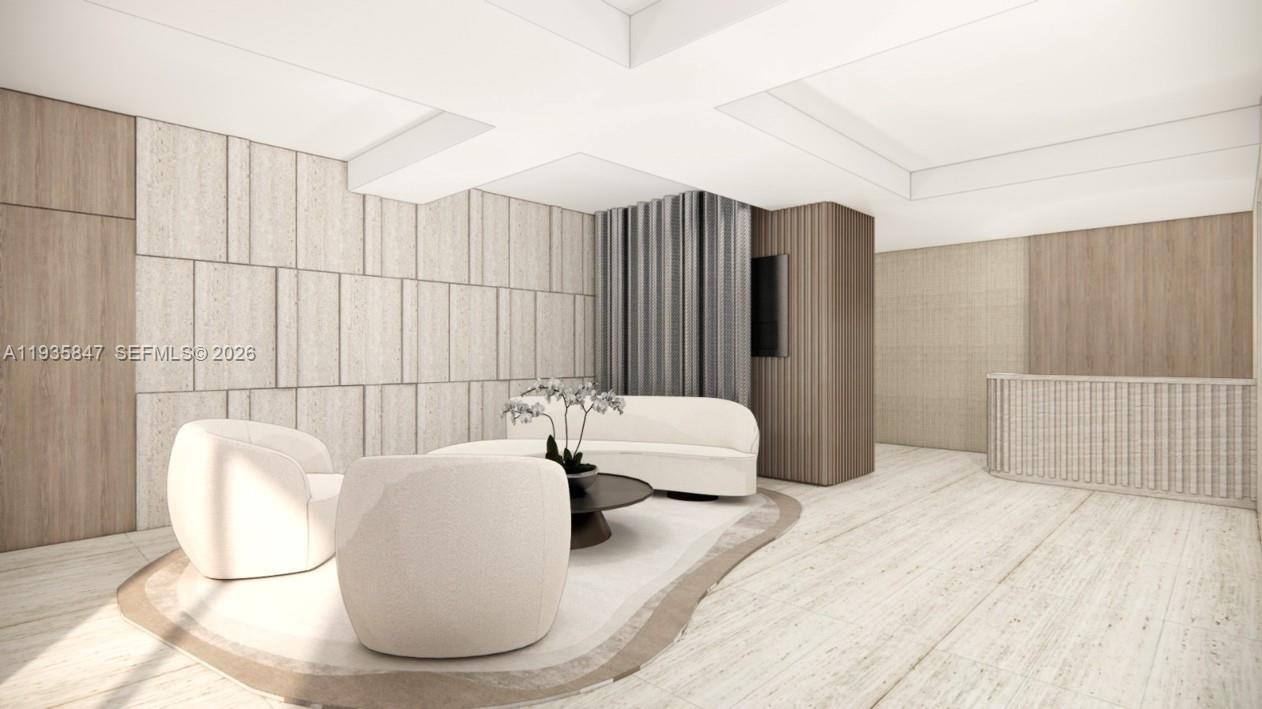 This rendering shows a modern lounge area with curved white seating and textured wall panels — 5880 Collins Ave # 302, Miami Beach FL 33140, MIAMI BEACH, FL