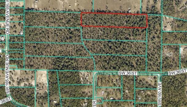 This aerial map shows a rectangular plot of land outlined in red among wooded lots — 16000 SW 36TH STREET Lot 2, OCALA, FL