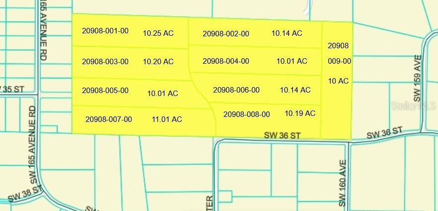 This map shows a grid of nine adjacent land parcels with their respective acreage labels — 16000 SW 36TH STREET Lot 2, OCALA, FL
