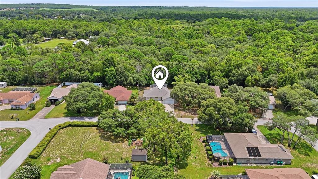 An aerial view shows a suburban neighborhood with houses, swimming pools, and surrounding wooded areas — 4179 S WINDING OAKS DRIVE, HOMOSASSA, FL
