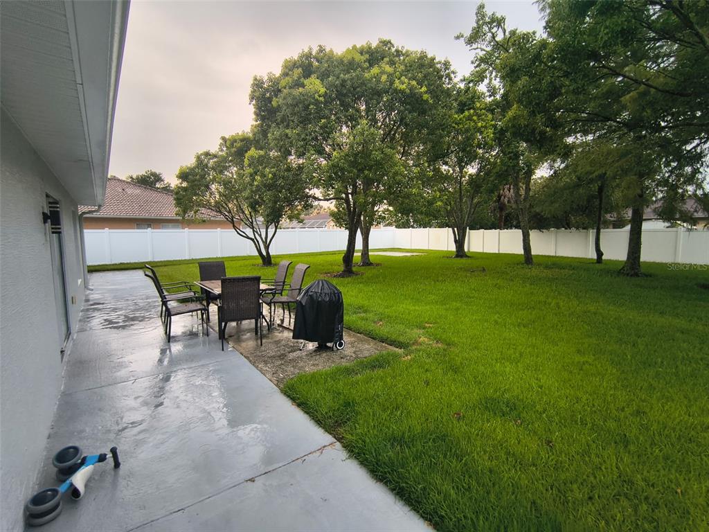 A backyard features a concrete patio with outdoor furniture, a grill, and several large trees — 24 FELWOOD LANE, PALM COAST, FL