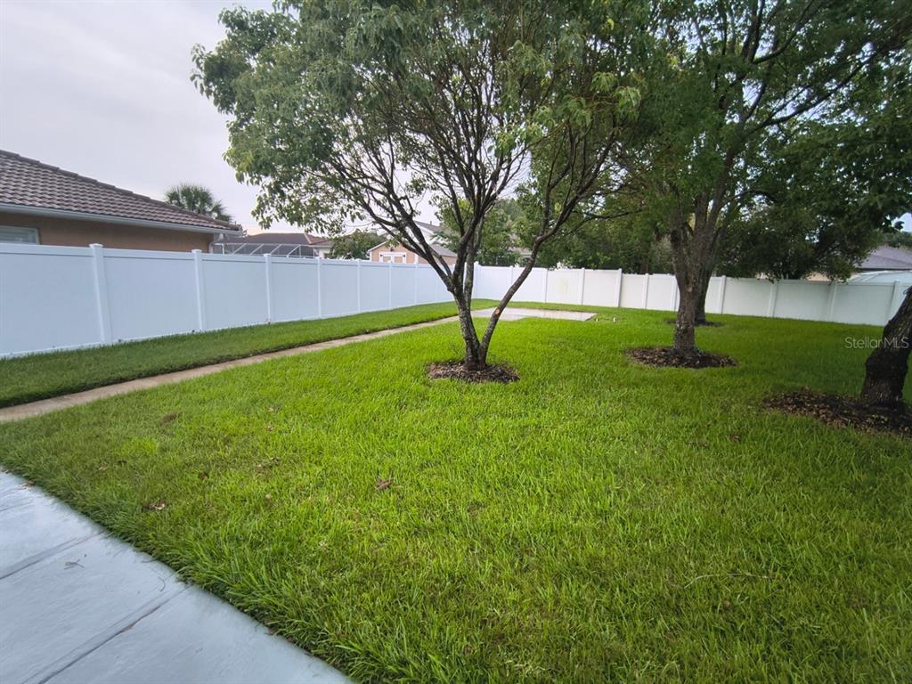 A grassy backyard features two mature trees and a white vinyl privacy fence — 24 FELWOOD LANE, PALM COAST, FL
