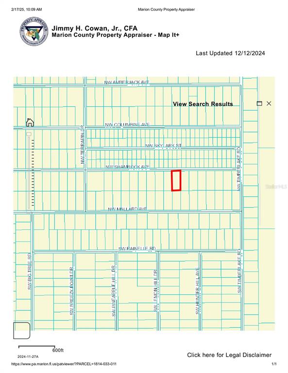 This is a property appraiser map showing a highlighted parcel of land — NW SHAMROCK AVENUE, DUNNELLON, FL