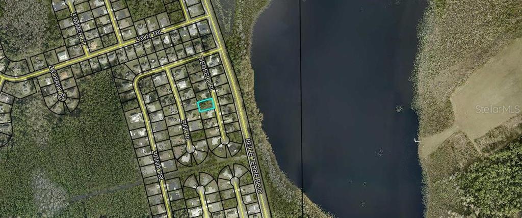 This is an aerial map showing a highlighted residential lot in a suburban neighborhood — 10 ZIEGFELD PLACE, PALM COAST, FL