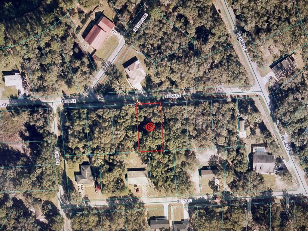 This is an aerial map view of a vacant, wooded residential lot outlined in red — 16604 SE 59TH STREET, OCKLAWAHA, FL