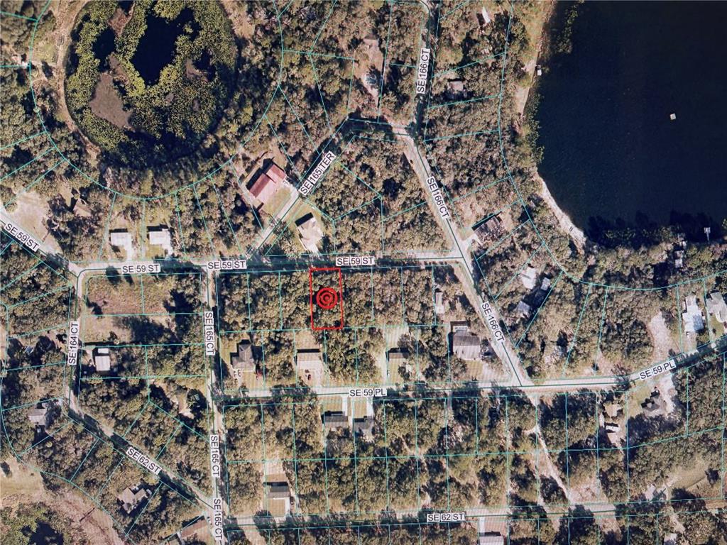 This is an aerial map showing a highlighted vacant lot located between residential streets — 16604 SE 59TH STREET, OCKLAWAHA, FL