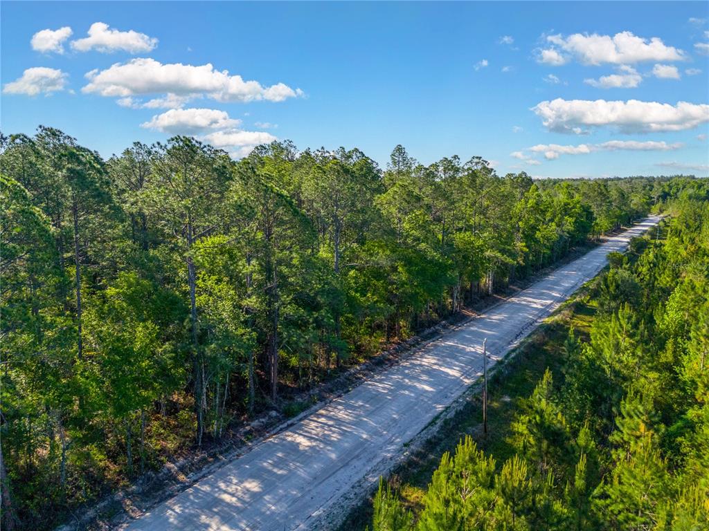 An aerial view shows a dirt road running through a dense, wooded forest area — SW 126TH AVE, LAKE BUTLER, LAKE BUTLER, FL