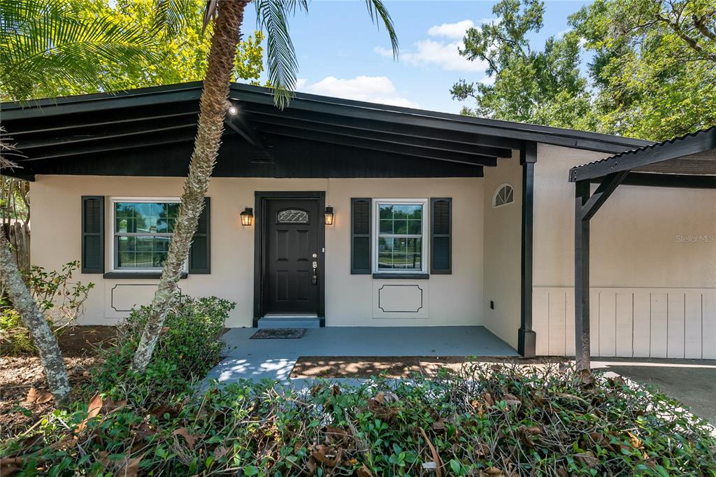 The exterior of a single-story house features a black door, shutters, and a covered entryway — 7402 WISHING WELL COURT, TAMPA, FL