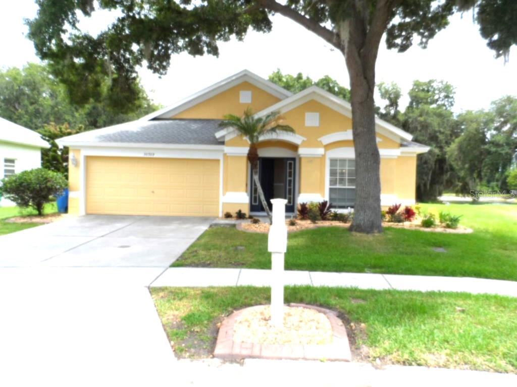 A single-story yellow house with a two-car garage and a large tree in front — 30709 LANESBOROUGH CIRCLE, WESLEY CHAPEL, FL