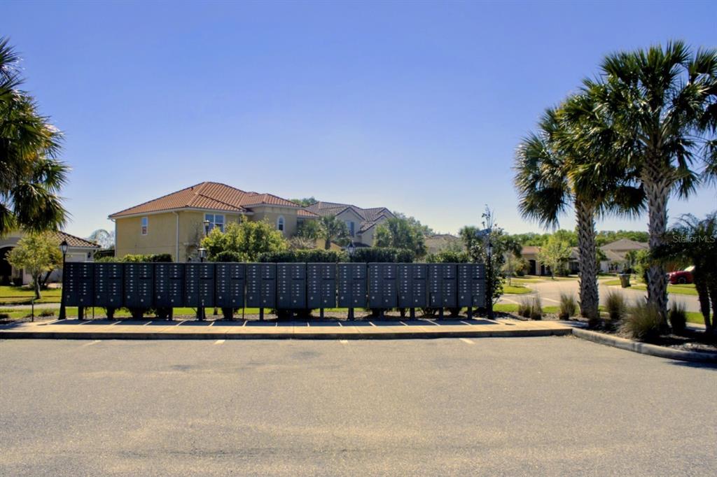 A row of metal mailboxes stands in a parking lot with houses and palm trees behind — 3958 CARRICK BEND DRIVE,, KISSIMMEE,, FL