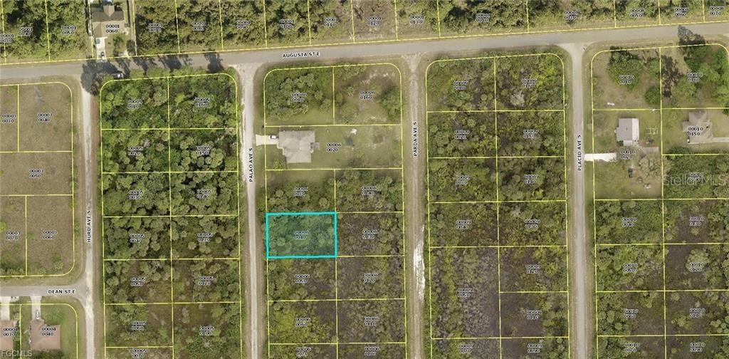 This is an aerial map showing a vacant lot highlighted in blue among other parcels — 510 PALAO AVENUE S, LEHIGH ACRES, FL