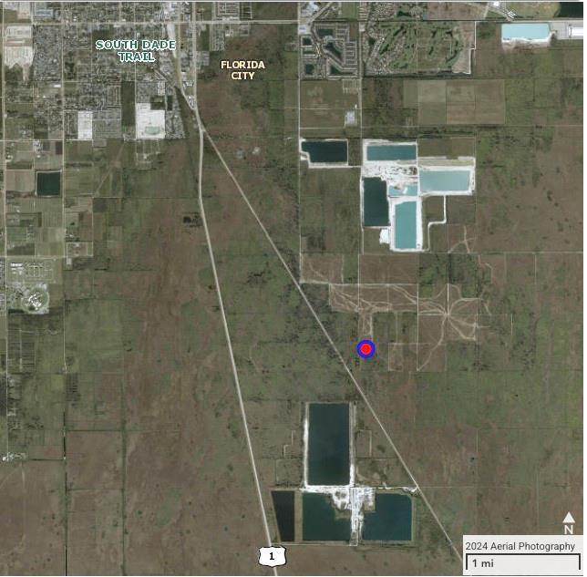 This is an aerial map showing a red-circled property location near Florida City and Highway 1 — 0 Unknown, Florida City FL 33035, FLORIDA CITY, FL