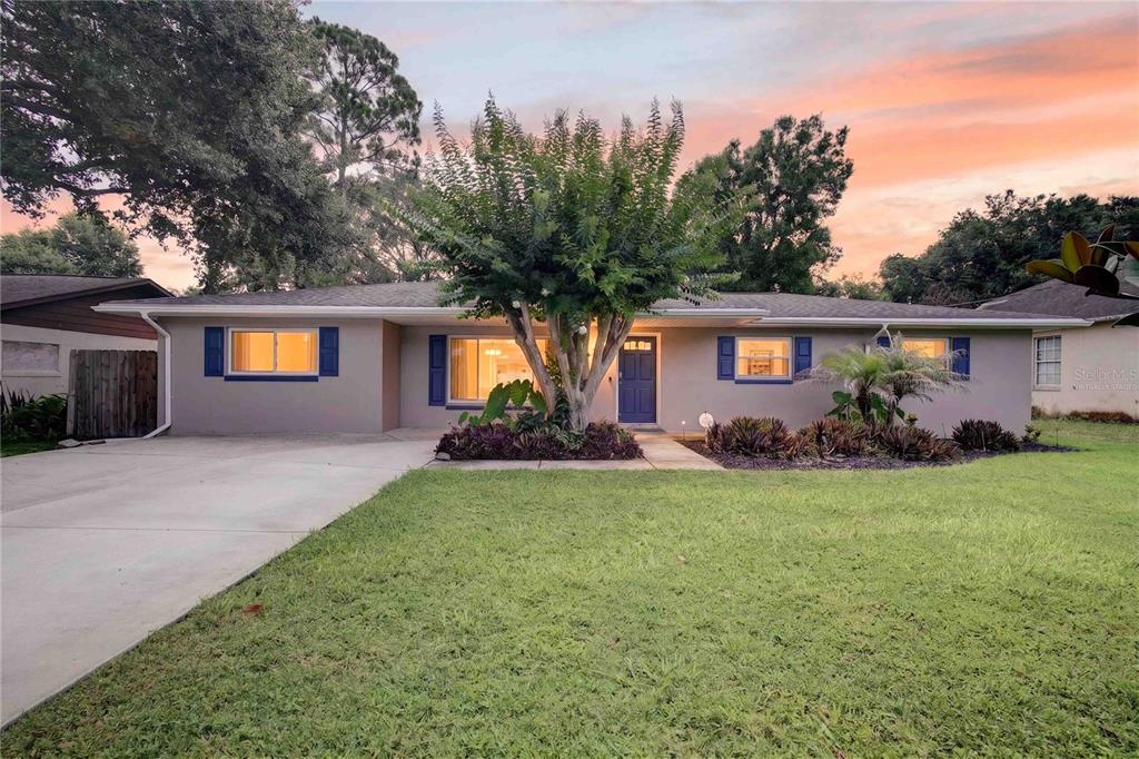 A single-story house with a gray exterior, blue shutters, and a large tree in front — 27638 LISA DRIVE, TAVARES, FL