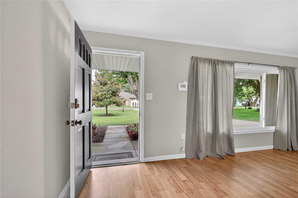 An open front door reveals a front yard, viewed from a room with wood flooring — 27638 LISA DRIVE, TAVARES, FL