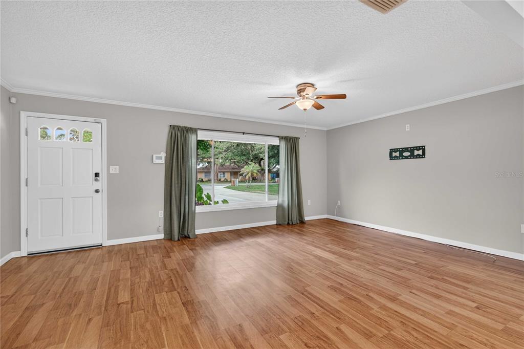 A living room with light gray walls, wood-look flooring, a ceiling fan, and a large window — 27638 LISA DRIVE, TAVARES, FL