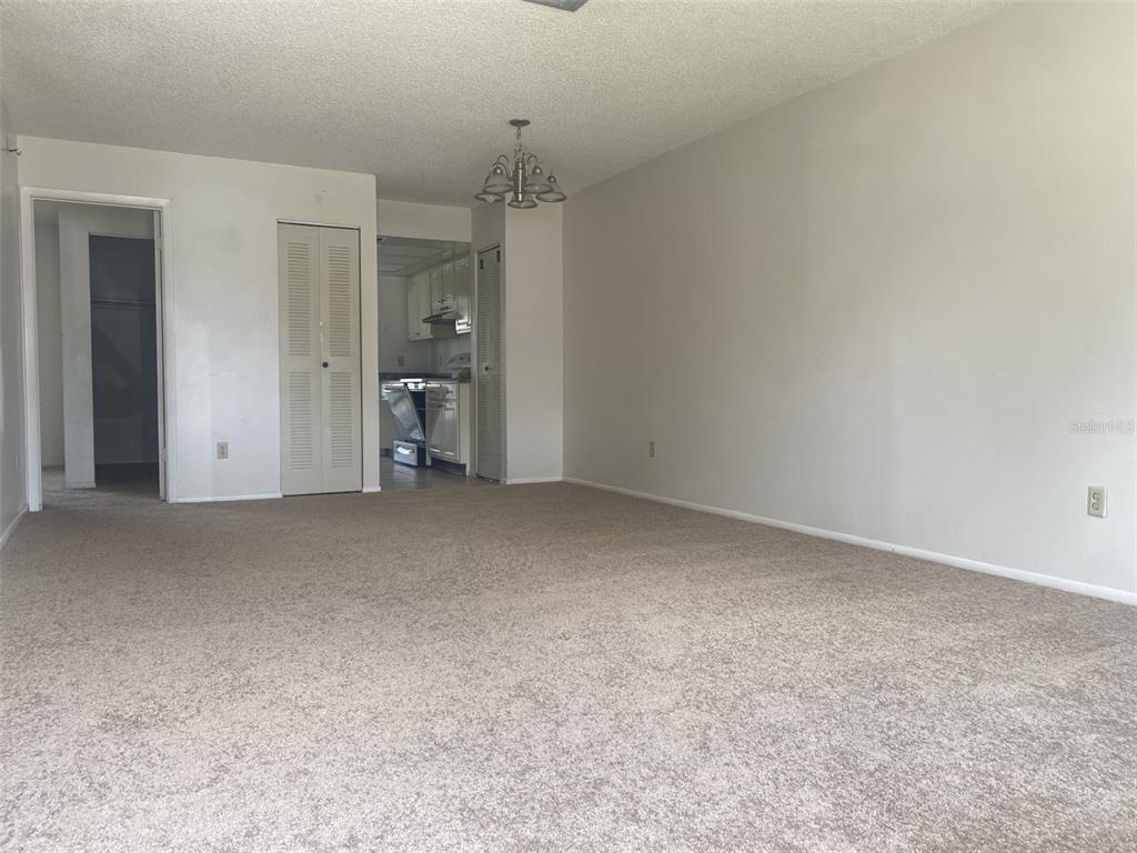 A carpeted living room leads to a kitchen with white cabinets and a chandelier — 47 W LAS PALMAS WAY, KISSIMMEE, FL