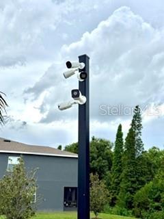 A tall, dark metal pole holds three security cameras against a cloudy sky — 8771 FALLING BLUE PLACE, RIVERVIEW, FL