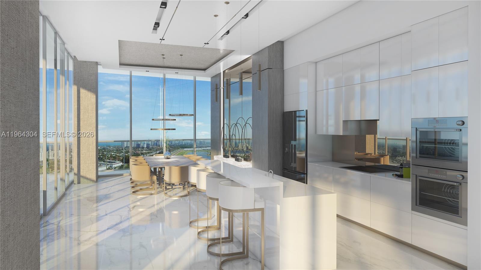 This is a rendering of a modern kitchen and dining area with floor-to-ceiling windows — 1170 E Hallandale Beach Blvd # 2503, Hallandale Beach FL 33009, HALLANDALE BEACH, FL