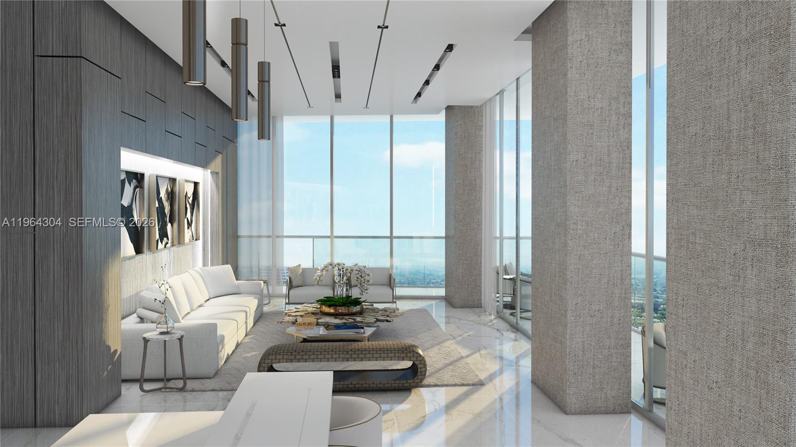 This is a rendering of a modern living room with floor-to-ceiling windows and marble floors — 1170 E Hallandale Beach Blvd # 2503, Hallandale Beach FL 33009, HALLANDALE BEACH, FL