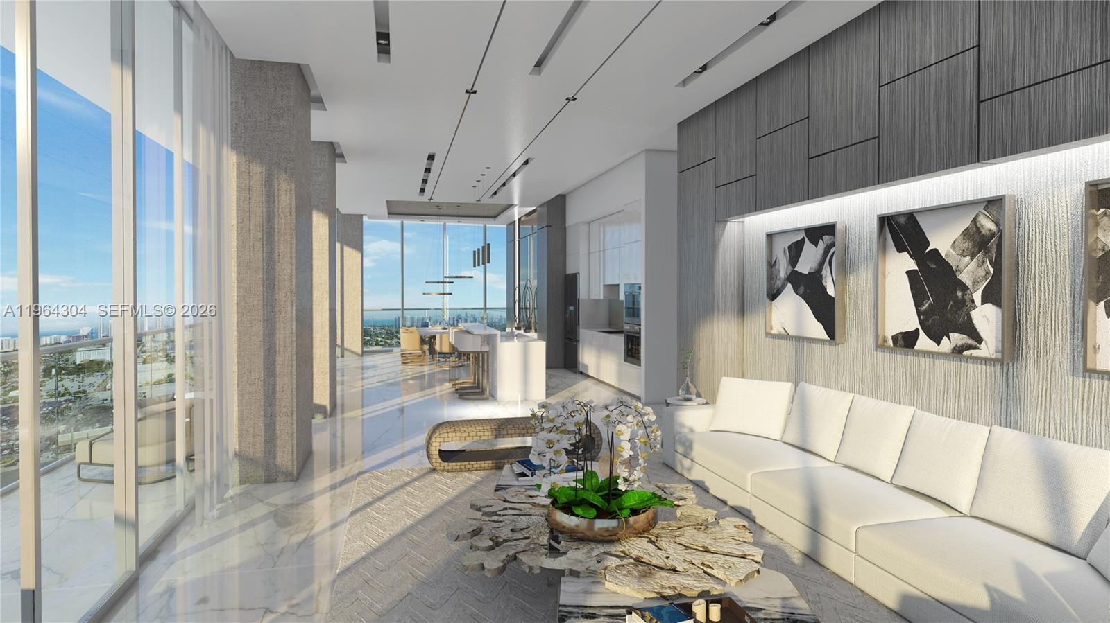This rendering shows a modern open-concept living area with floor-to-ceiling windows and marble flooring — 1170 E Hallandale Beach Blvd # 2503, Hallandale Beach FL 33009, HALLANDALE BEACH, FL