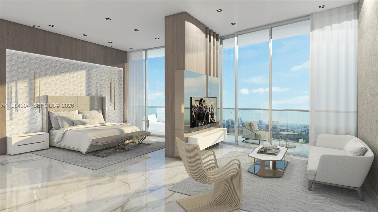 This rendering shows a modern bedroom with a central partition, floor-to-ceiling windows, and marble flooring — 1170 E Hallandale Beach Blvd # 2503, Hallandale Beach FL 33009, HALLANDALE BEACH, FL