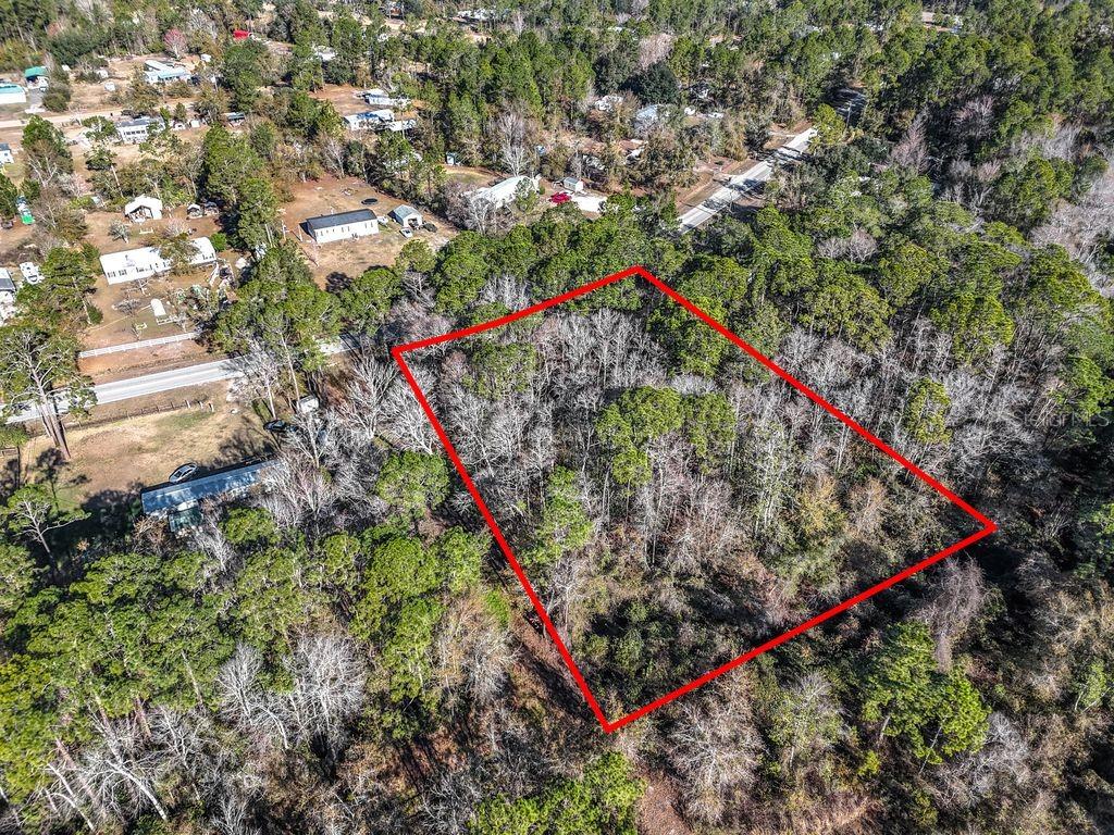 An aerial view shows a rectangular plot of wooded land outlined in red — 2223 COSMOS AVENUE, MIDDLEBURG, FL