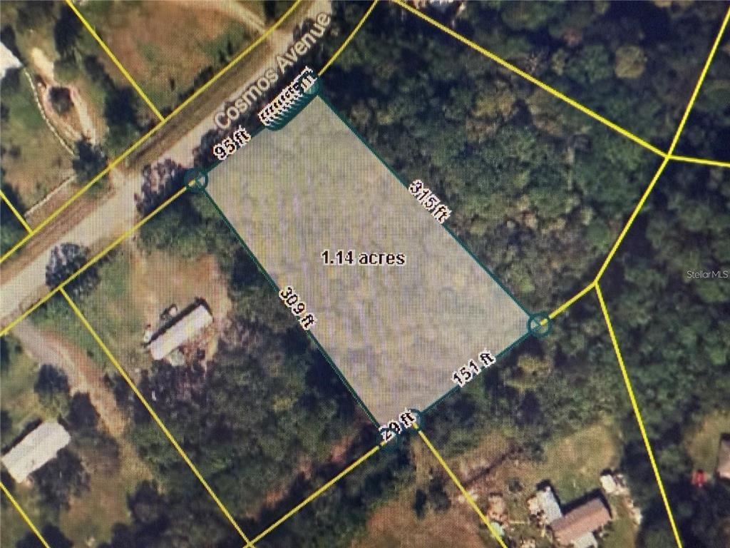 This is an aerial map showing a 1.14-acre plot of land bordering Cosmos Avenue — 2223 COSMOS AVENUE, MIDDLEBURG, FL