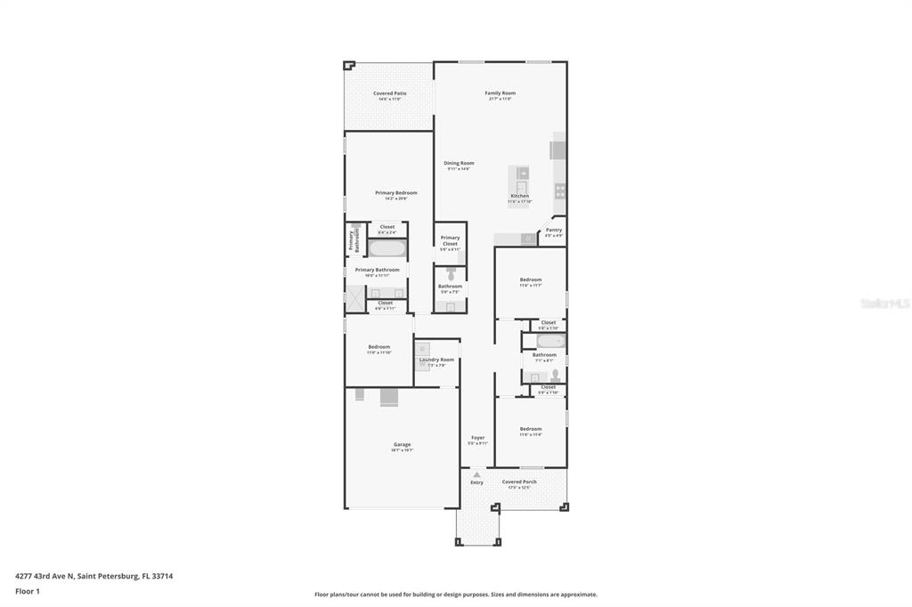 This is a floor plan for a single-story residential home with a garage and patio — 4277 43RD AVENUE N, ST PETERSBURG, FL