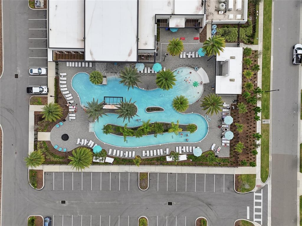 An aerial view shows a resort-style swimming pool with palm trees and lounge chairs — 10556 EBB TIDE LANE, ORLANDO, FL