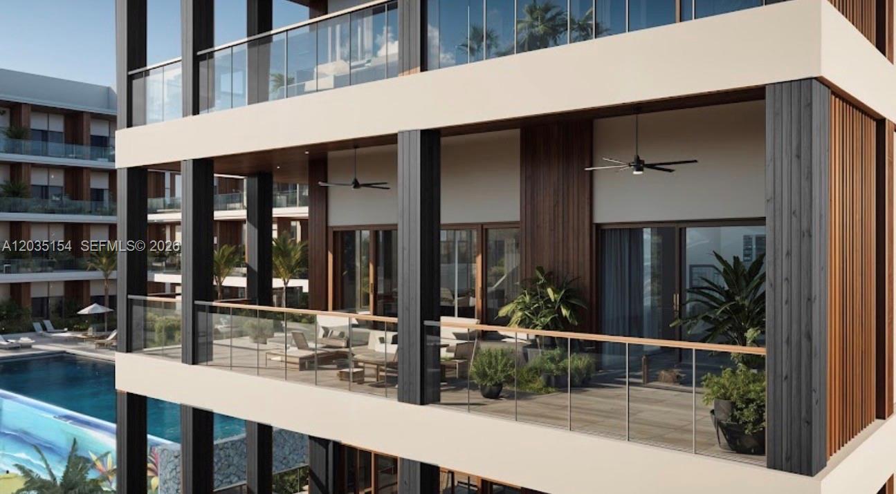 This architectural rendering shows a modern apartment balcony with glass railings, ceiling fans, and plants — 1 Turtle Crossing, FL 000000, FL