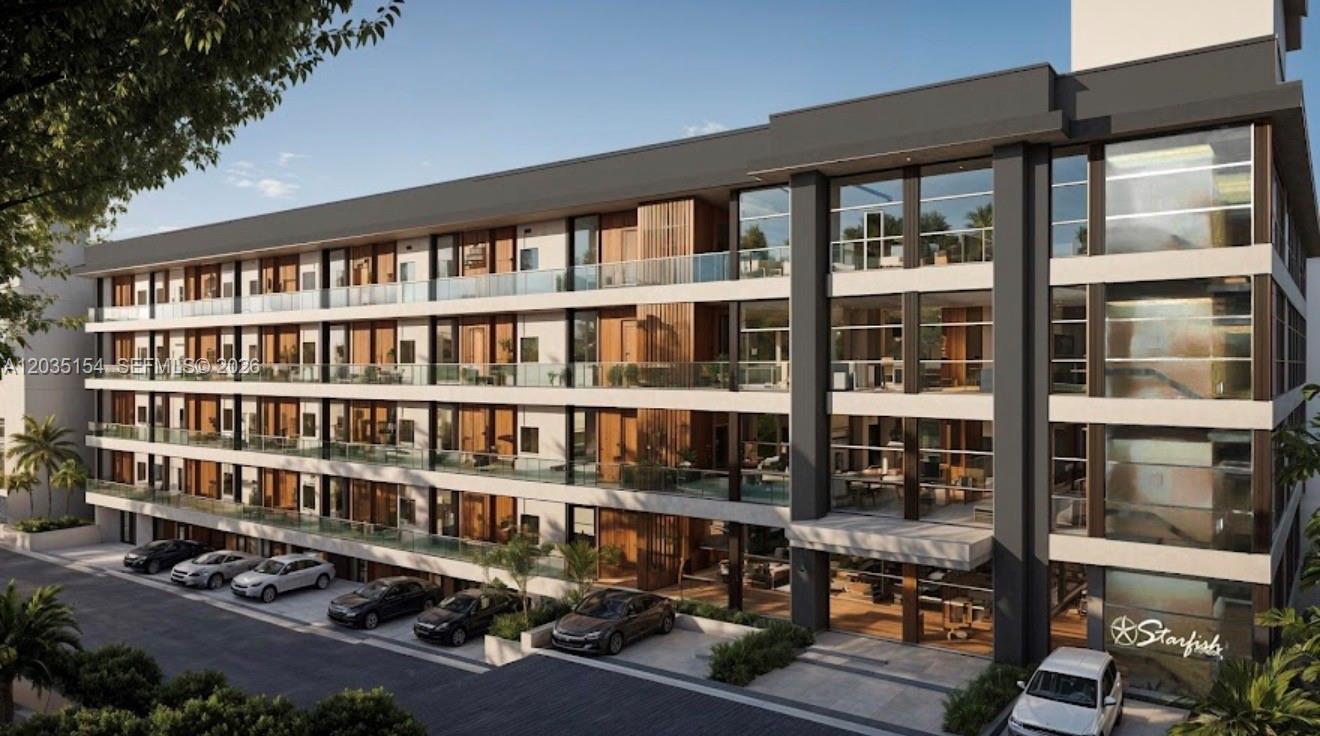 This is a rendering of a modern multi-story apartment building with balconies and surface parking — 1 Turtle Crossing, FL 000000, FL