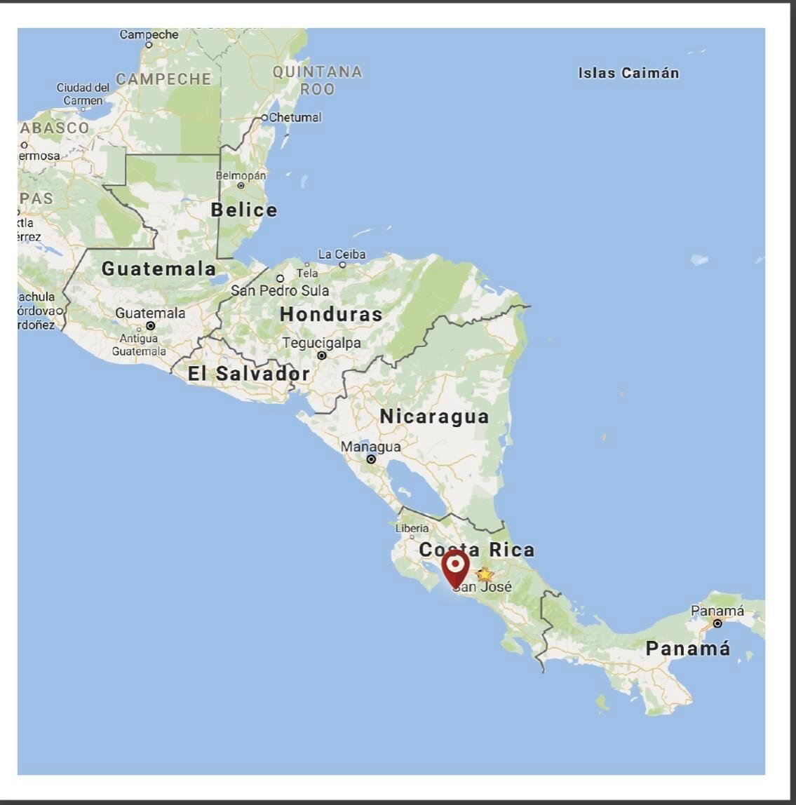 This is a map of Central America with a red pin marking Costa Rica — 0 Playa Caletas, Canton De Garabito, Puntarenas, FL