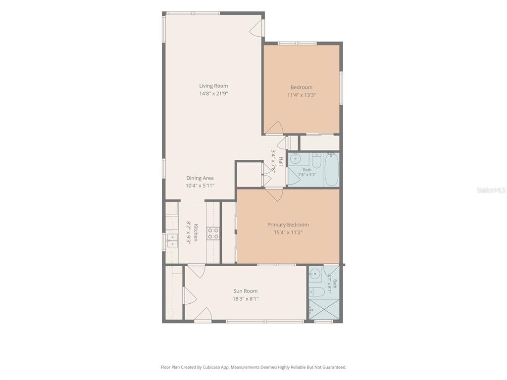 This is a floor plan showing a two-bedroom, two-bathroom home with a sunroom and kitchen — 5895 18TH STREET N UNIT 1, ST PETERSBURG, FL