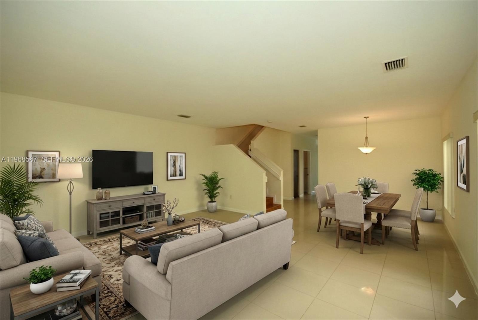 This is a digitally staged rendering of an open-concept living and dining room area — 2780 SW 33 AVE, Miami FL 33133, MIAMI, FL