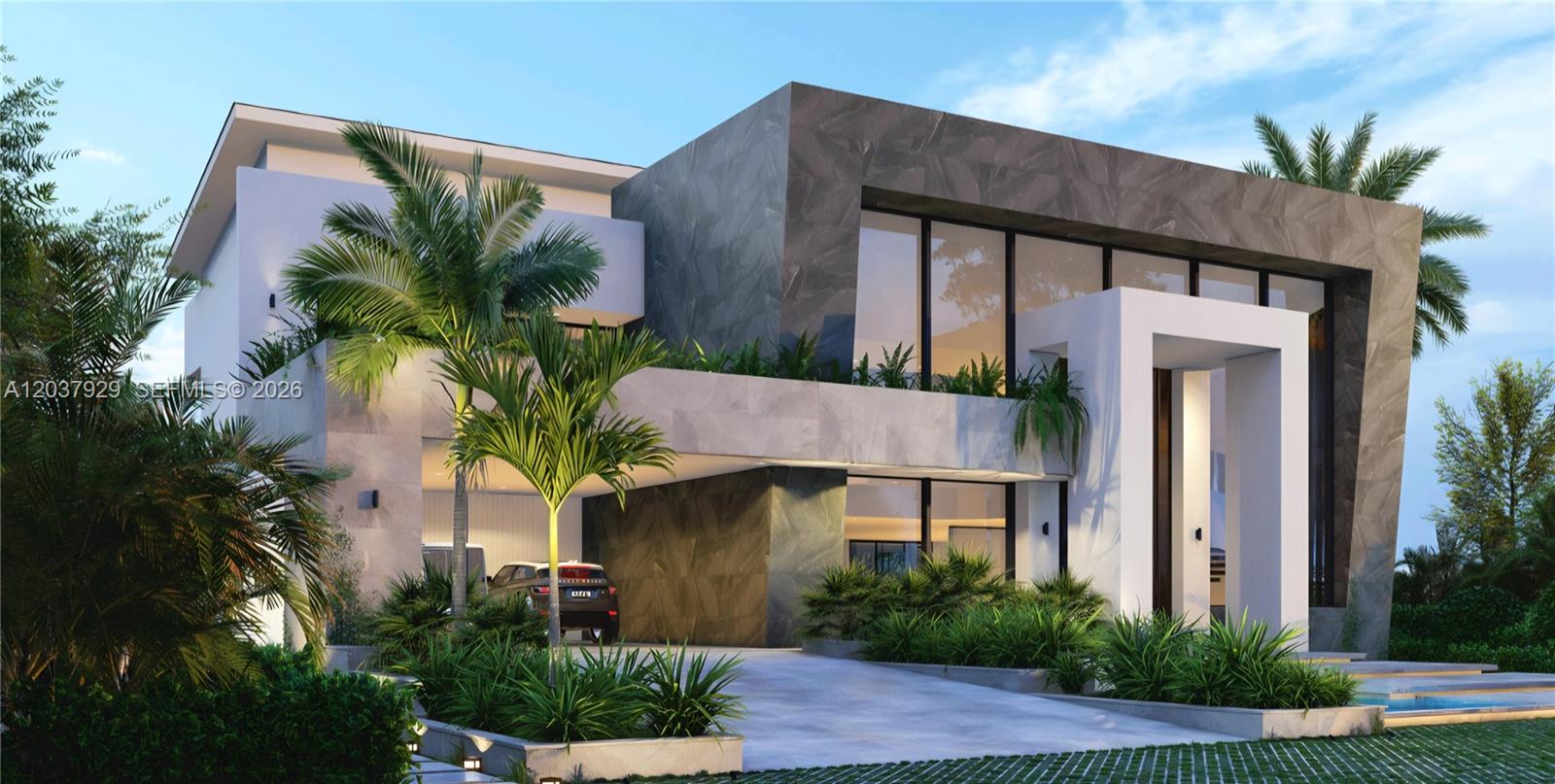This is a rendering of a modern two-story house with stone cladding and palm trees — 11 villa cayuco, FL