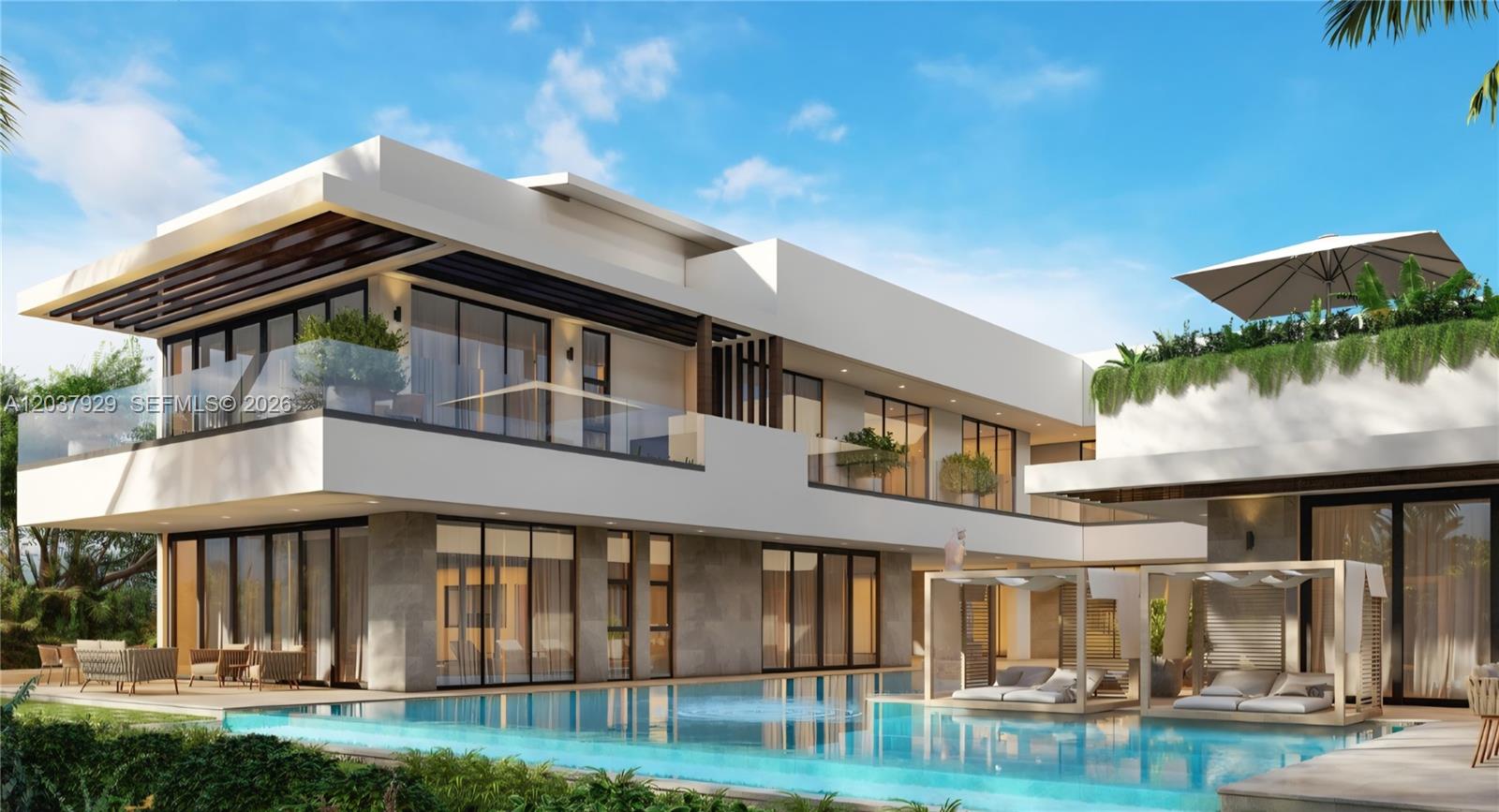 This architectural rendering shows a modern two-story luxury home with a swimming pool and patio — 11 villa cayuco, FL