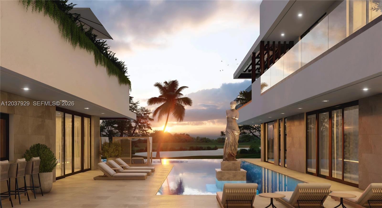 This architectural rendering shows a modern luxury home exterior with a pool and statue — 11 villa cayuco, FL