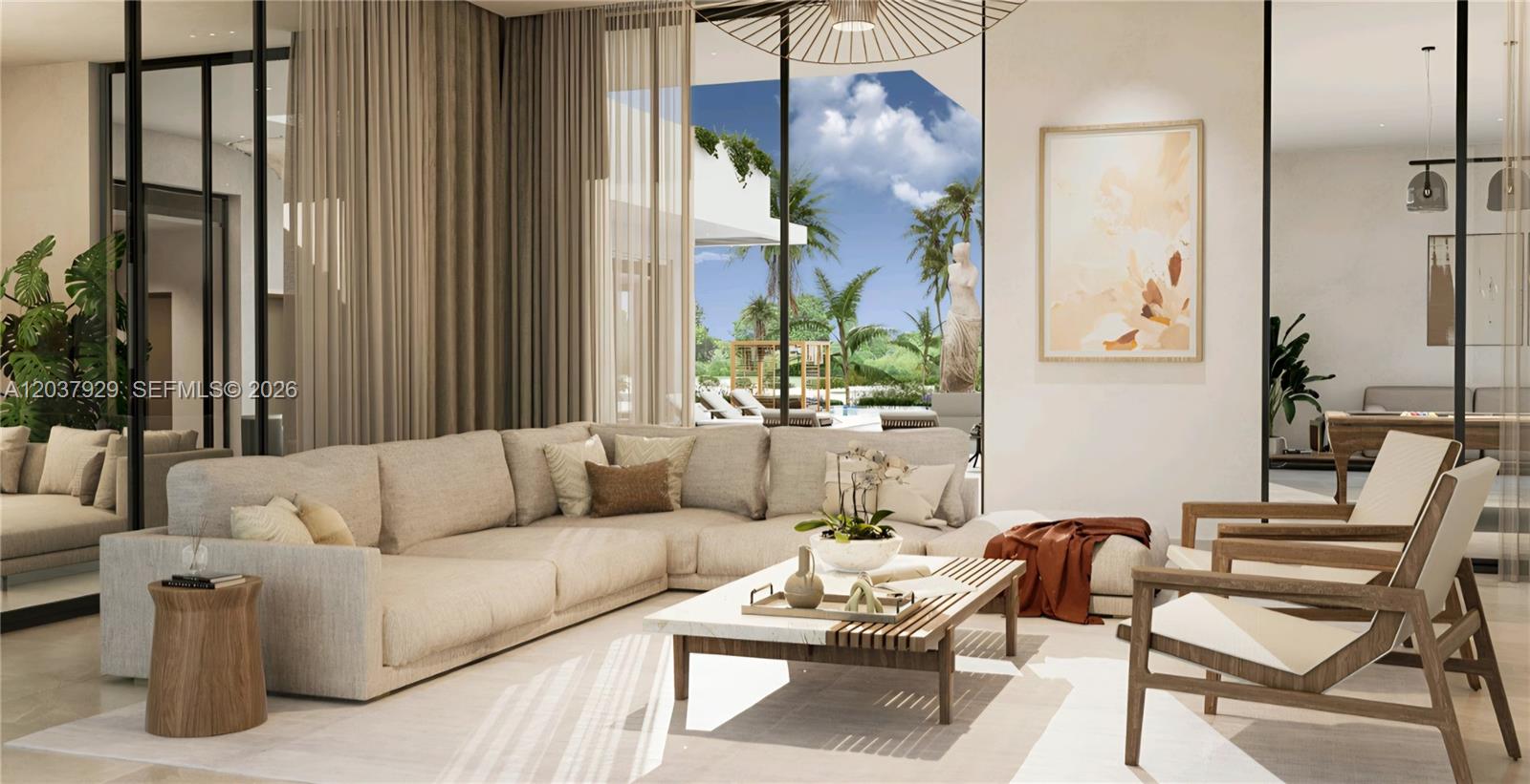 This rendering shows a modern living room with a large sectional sofa and outdoor pool view — 11 villa cayuco, FL
