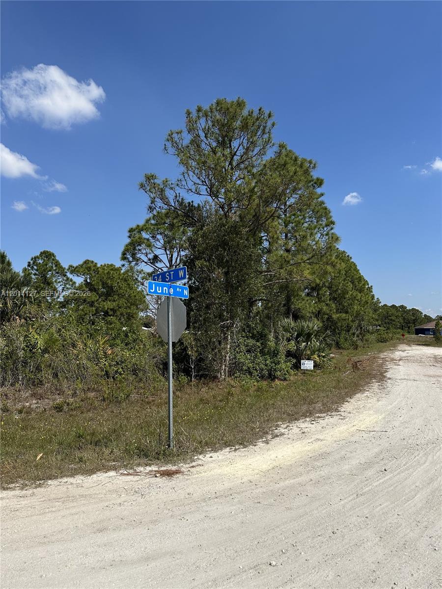 A street sign at the corner of 34 St W and June Av N stands near trees — 3401 June Ave N, Lehigh Acres FL 33971, LEHIGH ACRES, FL