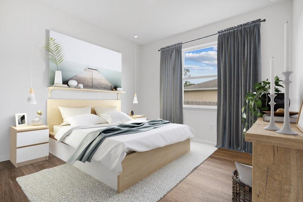 This is a digital rendering of a modern bedroom featuring a light wood bed frame — 7 BUFFALO BILL DRIVE, PALM COAST, FL