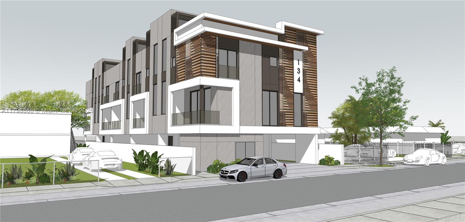 This is a digital rendering of a modern three-story townhouse with a ground-level garage — 134 NW 32nd St, Miami FL 33127, MIAMI, FL