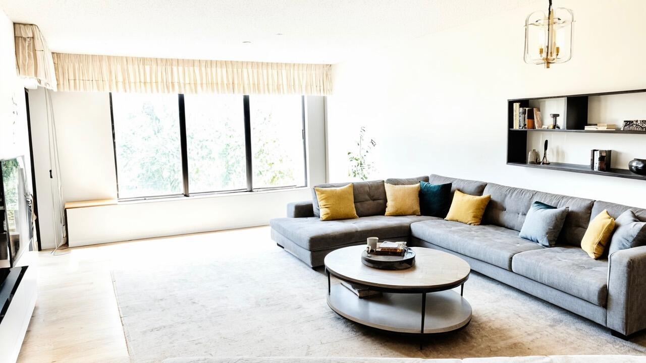 A living room features a large grey sectional sofa, a round coffee table, and windows — 2314 S Cypress Bend Drive Unit 614, Pompano Beach FL 33069, POMPANO BEACH, FL
