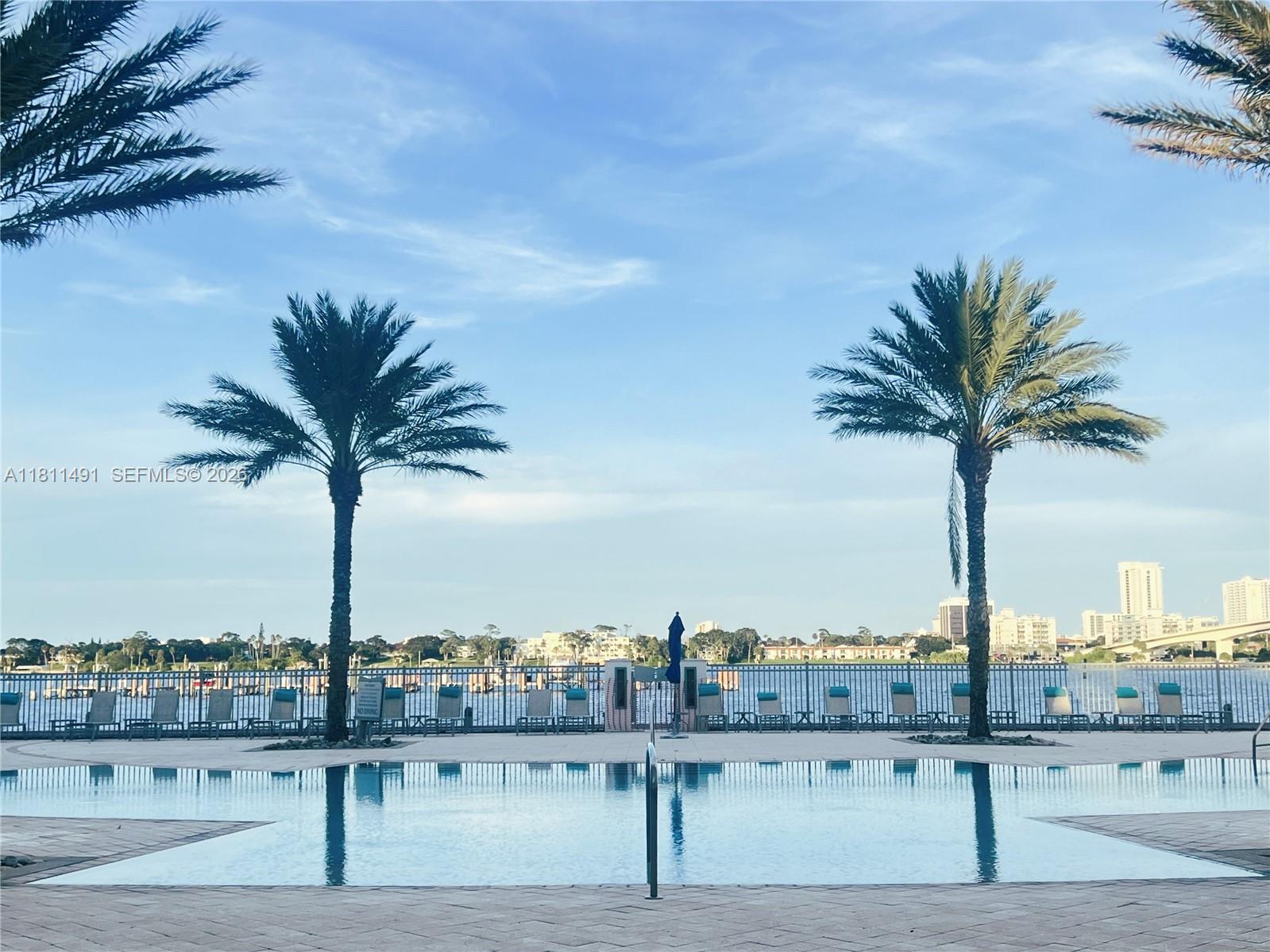 A swimming pool overlooks a waterfront view framed by two palm trees and a fence — 231 Riverside Dr # 1210, Daytona FL 32117, DAYTONA, FL