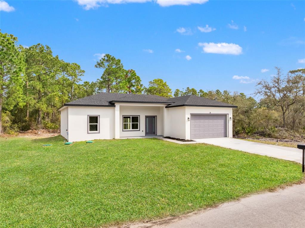 A single-story house with white stucco walls, a dark roof, and an attached garage — 33 FISHER PLACE, OCKLAWAHA, FL