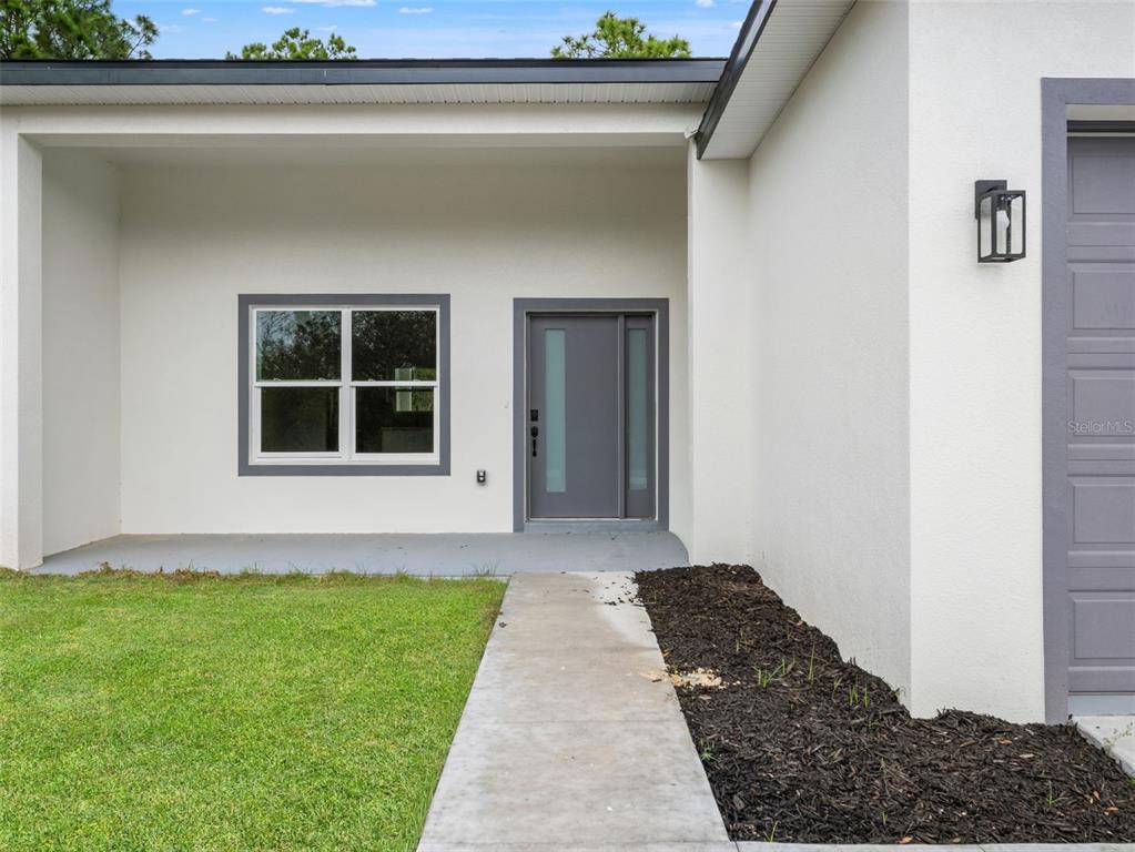 A modern home exterior features a gray front door, a window, and a concrete walkway — 33 FISHER PLACE, OCKLAWAHA, FL