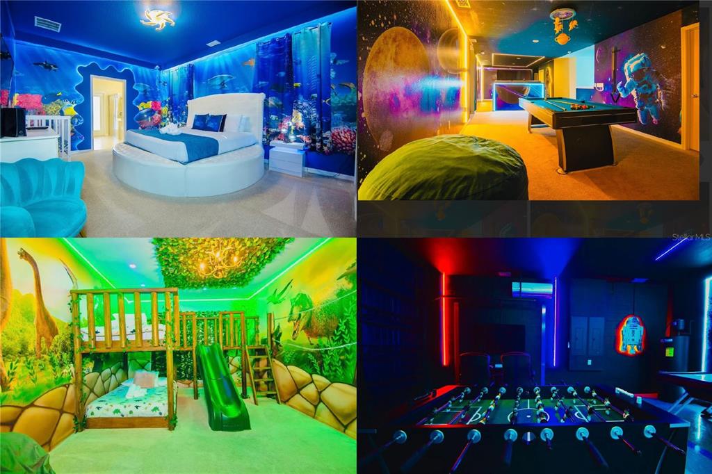 This collage shows four themed rooms featuring an underwater bedroom, space-themed game room, dinosaur-themed bedroom, and foosball room — 3029 MAHALO DRIVE, DAVENPORT, FL